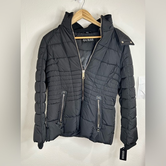 Guess Women’s Medium Black Quilted Puffer Jacket Warm Stylish Hooded Winter Coat - Picture 2 of 9